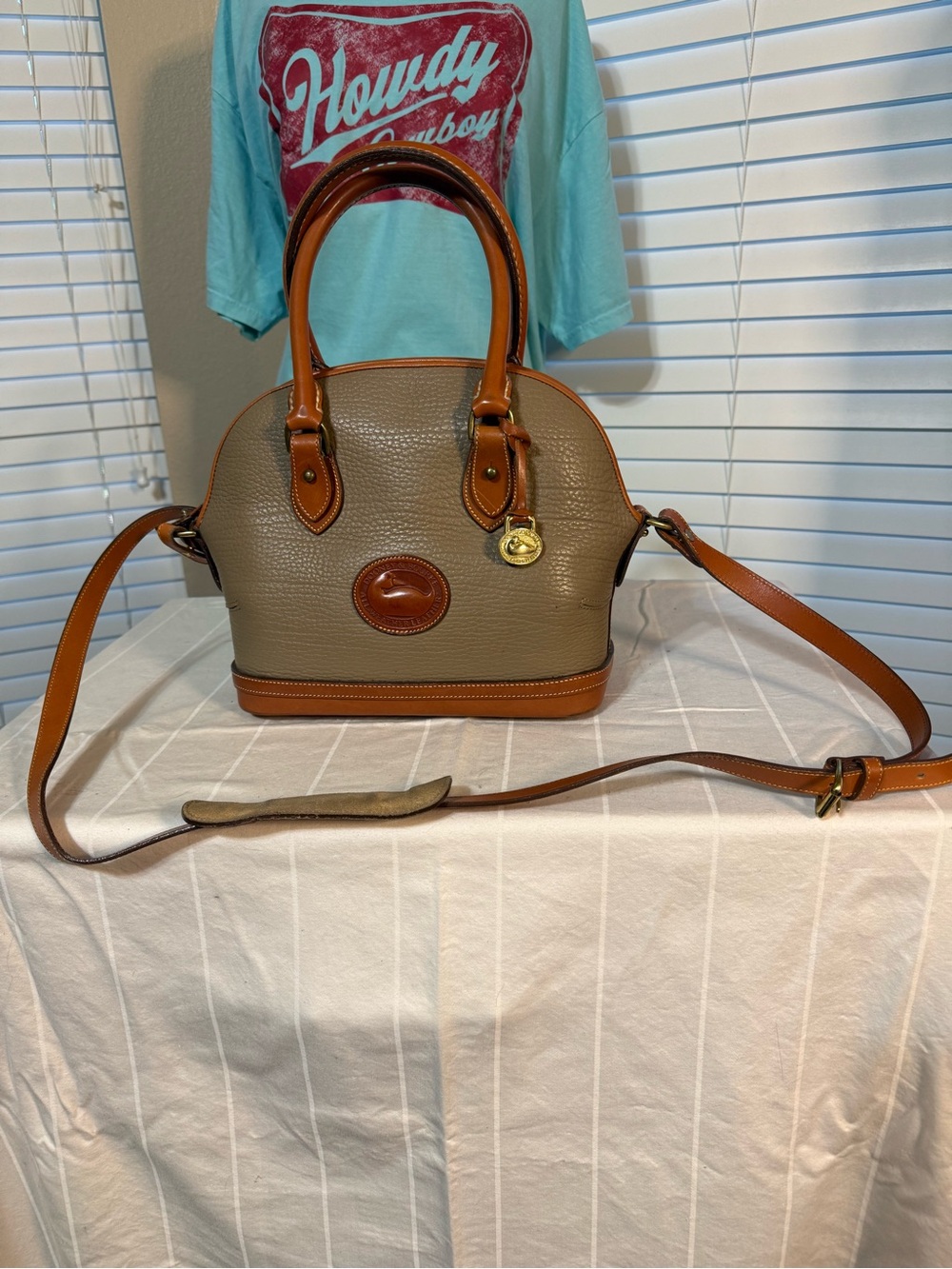 Dooney & Bourke Large Norfolk Taupe Leather Satchel with Tan Trim and Strap